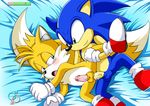  anal bed blush canine cum cum_in_ass cum_inside erection fox gay hedgehog looking_at_each_other male miles_prower mobian penis sega sex sonic_(series) sonic_the_hedgehog tails 