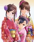  anegasaki_nene bangs black_hair blush brown_eyes brown_hair double_bun face floral_print flower furisode hair_bun hair_flower hair_ornament hair_ribbon highres japanese_clothes kimono kobayakawa_rinko long_hair looking_at_viewer love_plus love_plus_plus mino_tarou mole mole_under_eye multiple_girls obi one_eye_closed ribbon sash sidelocks smile takane_manaka v v_over_eye 