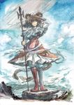  adapted_costume alternate_costume animal_ears arm_up bad_id bad_pixiv_id boots capelet grey_hair highres jewelry knee_boots koyomiuta mouse mouse_ears mouse_tail nazrin pendant polearm red_eyes short_hair solo spear tail touhou traditional_media watercolor_(medium) weapon 