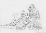  anthro caprine duo ear_piercing earring feline female fruit grapes greyscale interspecies lion lying mammal monochrome nude on_side pencils piercing plain_background predator/prey_relations rukis sheep sketch white_background 