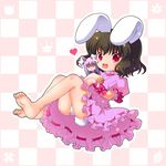  animal_ears brown_hair bunny_ears carrot dress female heart inaba_tewi open_mouth panties pantyshot pink_dress red_eyes reisen_udongein_inaba short_hair sitting smile touhou underwear white_panties 