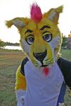  fursuit goatee hybrid looking_at_viewer male mohawk purple_eyes real red_hair solo yellow 