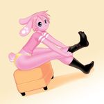  clothed clothing cute footrest fur girly hair lagomorph male mammal miu o.o pink pink_fur pink_hair plain_background rabbit shirt socks solo stool tail underwear white_background 