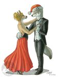  canine cervine classy couple dancing deer dress female hat hooves katie_hofgard male santa_hat tail wolf 