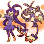  ambipom animal_ears antenna_hair bandaid bandaid_on_nose barefoot blush_stickers covering_mouth cracking_knuckles dress full_body gen_4_pokemon hitec long_hair moemon multiple_tails personification pokemon pokemon_(creature) purple_hair tail twintails very_long_hair 