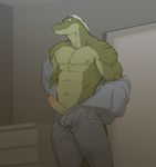  anthro bandanna biceps big_muscles bulge clothing crocodile erection fangs glans green_nipples green_skin grey_eyes humanoid_penis male marty_(superslickslasher) mechanic muscles nipples partially_clothed pecs penis pose reptile scales scalie solo standing suit superslickslasher teeth toned undressing 