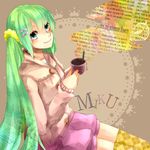  aqua_eyes argyle argyle_legwear bad_id bad_pixiv_id cup green_hair hair_ornament hairclip hatsune_miku highres izumi518 kneehighs long_hair mug over-kneehighs shorts sitting smile solo thighhighs very_long_hair vocaloid yellow_legwear 