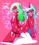  blush breasts cleavage covering horns kneesocks_(character) kneesocks_(psg) large_breasts nabeshiki_(ingenmame) panty_&amp;_stocking_with_garterbelt red_skin scanty scanty_(psg) smile tail 
