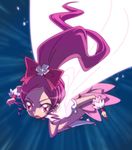  blue_background boots bow cape cure_blossom hanasaki_tsubomi heartcatch_precure! knee_boots magical_girl pink_bow pink_eyes pink_hair precure rison solo 