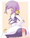  1girl ar_tonelico ar_tonelico_iii ass censored flat_chest highres mosaic_censoring penis purple_eyes purple_hair short_hair simple_background smile tilia yanaya 