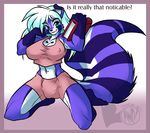  andrew_dickman background_gradient blue_eyes blue_hair book bulge english_text hair herm intersex kneeling long_hair looking_at_viewer muscles navel navel_piercing piercing purple purple_nose skimpy solo striped_tail tail white 