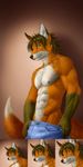  abs anhes buff canine clothing fox green_eyes looking_at_viewer male muscles pants smile solo standing topless undressing 