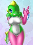  breasts bub bub_(character) bubble_bobble cute dinosaur female furry genderswap knifeh panties scalie solo underwear 