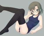  brown_hair chitosezaka_suzu glasses green_eyes one-piece_swimsuit original school_swimsuit short_hair solo swimsuit thighhighs 