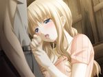  1boy 1girl blonde_hair blue_eyes censored character_request game_cg hand_job handjob long_hair mukai_yumiko nami_no_manimani peko penis source_request tongue 