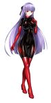  1girl alternate_costume asagami_fujino black_ribbon bodysuit boots breasts cameltoe damao_yu elbow_gloves full_body gloves hair_ribbon high_heel_boots high_heels highres kara_no_kyoukai large_breasts latex_bodysuit long_hair purple_hair red_eyes red_footwear red_gloves red_legwear ribbon simple_background solo standing thigh_boots thighhighs white_background 