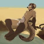  brown_hair civet cyrus_kanan eyes_closed fang goggles hair hybrid jailbird male pangolin sand sheath solo tail tan water 