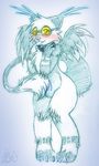  2010 balls blush canine collar covering_self digitigrade dragon fangs glasses hybrid inuki looking_at_viewer male nude penis scalie solo standing tail tail_tuft teeth tongue wings wolf 