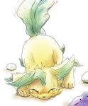  blush ditto drool drooling ears_down eeveelution egg eyes_closed leaf_tail leafeon nintendo oviposition ovulation plain_background pok&#233;mon pok&eacute;mon saliva solo sweat tail tatsumaru tears video_games white_background 