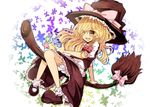  aizawa_riku bad_id bad_pixiv_id blonde_hair bloomers braid broom broom_riding bug butterfly hair_ribbon hat insect kirisame_marisa mary_janes open_mouth ribbon shoes smile solo star touhou underwear witch_hat yellow_eyes 