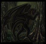  absurd_res butt dragon forest green_eyes hi_res horns kiartia looking_at_viewer male presenting raised_tail scalie solo standing tail tree wings wood woods 