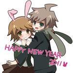  animal_ears blush brown_eyes brown_hair crossdressing danganronpa danganronpa_1 fujisaki_chihiro highres hood hoodie komeko5 multiple_boys naegi_makoto new_year open_mouth otoko_no_ko school_uniform short_hair skirt smile 