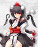  ai_takurou alternate_costume bare_shoulders black_hair detached_sleeves hat japanese_clothes kourindou_tengu_costume looking_at_viewer no_panties pelvic_curtain red_eyes shameimaru_aya short_hair solo tokin_hat touhou 