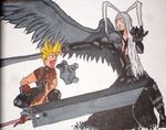  :d angel_wings antenna_hair armor bad_anatomy blonde_hair cloud_strife evil_grin evil_smile final_fantasy final_fantasy_vii gloves grin hair_over_one_eye huge_weapon long_hair male_focus marker_(medium) multiple_boys open_mouth pinky_out sephiroth silver_hair smile spiked_hair sword toyboxx traditional_media trench_coat very_long_hair weapon wings 