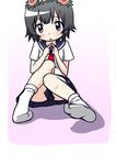  black_hair blush feet head_wreath moja_(gibson) sakugawa_school_uniform school_uniform serafuku short_hair simple_background skirt socks solo to_aru_kagaku_no_railgun to_aru_majutsu_no_index uiharu_kazari 