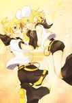  1girl :d arm_warmers ascot belt blonde_hair bow brother_and_sister brown_eyes hair_bow headphones holding_hands kagamine_len kagamine_rin matsyumaro musical_note open_mouth short_hair shorts siblings smile twins vocaloid 