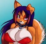  andrew_dickman background_gradient bent_ear black_nose breasts bust canine collar dog fang female fyxe hair huge_breasts long_hair looking_at_viewer purple_eyes purple_hair red_hair skimpy solo spiked_collar tail 