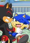  anal anal_penetration balls bdsm bed black blue bondage gay green_eyes hedgehog male mobius_unleashed on_back one_eye_closed open_mouth penetration penis red_eyes red_markings shadow_the_hedgehog sonic_(series) sonic_the_hedgehog tail 