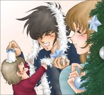  2girls artist_request bell black_hair blush brown_hair child choujikuu_yousai_macross christmas christmas_tree family good_end hayase_misa ichijou_hikaru ichijou_miku jacket long_hair macross multiple_girls oekaki playing short_hair sideburns smile sphere star sweater 