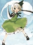  blue_eyes dual_wielding foreshortening ghost green_eyes holding katana konpaku_youmu konpaku_youmu_(ghost) open_mouth rin_(royal) short_hair solo sword touhou weapon white_hair 