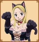  1girl big_breasts blonde_hair breasts brown_eyes cat cat_ears cleavage collar cosplay fairy_tail large_breasts lowres lucy_heartfilia simple_background solo 