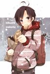  androgynous backpack bad_id bad_pixiv_id bag black_hair bread brown_eyes food hood hoodie idolmaster idolmaster_(classic) kikuchi_makoto mouth_hold paper_bag pun2 reverse_trap short_hair solo taiyaki wagashi 