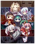  armor blonde_hair blue_eyes blue_hair brown_eyes chibi chouryou_(sankyoku_hime) enshou_(sankyoku_hime) gakushin_(sankyoku_hime) green_hair hat kaku_(sankyoku_hime) kayuu_(sankyoku_hime) kousonsan_(sankyoku_hime) pink_hair polearm purple_eyes red_eyes reku riding_hood sankyoku_hime silver_hair spear sword weapon zerorex0 