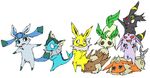  black_eyes brown_eyes eevee eeveelution eeveelutions espeon flareon glaceon heterochromia jolteon kyounoikenie leaf_tail leafeon nekogarasu nintendo orange_eyes plain_background pok&#233;mon pok&eacute;mon red_eyes umbreon vaporeon video_games white_background 