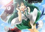  :d blue_eyes day detached_sleeves frog from_below green_hair hair_ornament kochiya_sanae leaning_forward lens_flare long_hair one_eye_closed open_mouth sky smile snake solo toichi touhou 