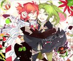  christmas earmuffs green_eyes green_hair hat hug inazuma_eleven inazuma_eleven_(series) jacket kiyama_hiroto male_focus midorikawa_ryuuji multiple_boys ponytail red_hair santa_hat scarf snow snow_globe snowman star stuffed_animal stuffed_toy suou 