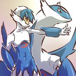  blue_hair costume gen_3_pokemon hitec latios male_focus mask moemon outstretched_arm personification pokemon pokemon_(creature) red_eyes 