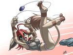  brown brown_fur clothed clothing collar feline female fur green_eyes hair koneko legs_up long_tail mammal panties plain_background playful red_hair shirt skimpy solo tail tail_tuft thefuckingdevil tuft underwear white_background yarn 