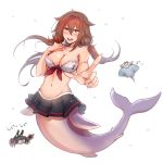  breasts brown_hair crab edwin_(cyberdark_impacts) hair_flaps hairband hand_on_own_chest highres index_finger_raised long_hair manta_ray medium_breasts mermaid monster_girl shigure_(kantai_collection) shiratsuyu_(kantai_collection) simple_background twintails yuudachi_(kantai_collection) 