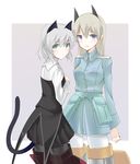  animal_ears black_legwear blonde_hair blue_eyes blush cat_ears cat_tail eila_ilmatar_juutilainen fox_ears green_eyes grey_hair heart highres long_hair military military_uniform multiple_girls pantyhose sanya_v_litvyak short_hair silver_hair skirt smile strike_witches striker_unit tail umeo_retto uniform white_legwear world_witches_series 