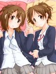  brown_eyes brown_hair hirasawa_ui hirasawa_yui holding_hands k-on! lying multiple_girls pillow ponytail ryuunosuke_(luckyneco) school_uniform siblings sisters 