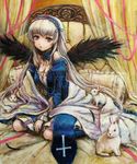  animal bed blanket blush bow breasts brown_rose bunny cleavage dress feathers flower frills hairband long_hair md5_mismatch medium_breasts pillow pink_eyes red_flower red_rose ribbon rose rozen_maiden sitting solo suigintou tafuto traditional_media wariza white_hair wings 