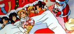  aino_minako bishoujo_senshi_sailor_moon blanket chibi_usa gift hino_rei hug kino_makoto lying mizuno_ami official_art pajamas present santa santa_costume sleeping tsukino_usagi 