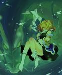  arm_warmers blonde_hair dragon green_eyes hair_over_one_eye highres mizuhashi_parsee pointy_ears rex_k scarf short_hair socks solo touhou underwater 