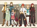  5boys anise_tatlin asch black_legwear blonde_hair blue_eyes boots brown_hair choker glasses gloves green_choker green_eyes green_hair grey_background guy_cecil hair_tubes hanosuke highres ion jade_curtiss knee_boots long_hair luke_fon_fabre mieu multiple_boys multiple_girls natalia_luzu_kimlasca_lanvaldear odd_one_out one_eye_closed orange_neckwear pantyhose red_eyes red_hair sidelocks smile surcoat tabard tales_of_(series) tales_of_the_abyss tear_grants thigh_boots thighhighs twintails 