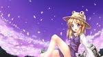  :d bad_id bad_pixiv_id banned_artist bare_legs blonde_hair blue_eyes cloud eyes frog grey_eyes hat highres leg_lift looking_at_viewer moriya_suwako open_mouth petals shiny shiny_hair short_hair sitting sky smile solo stone toshizaki_shouma touhou 